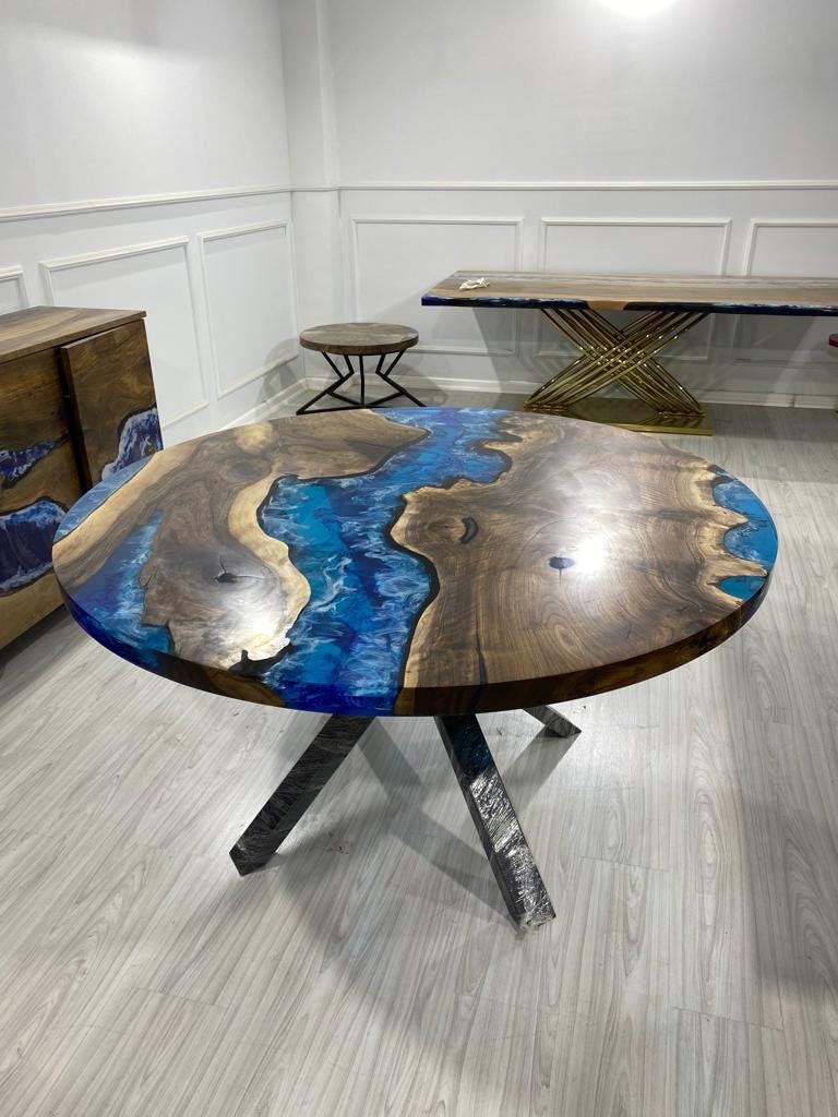 Round Dining Table, Custom 55” Diameter Round Walnut Wood Blue, Turquoise, White Waves Table, Epoxy Dining Table, Custom Order for Adrienne