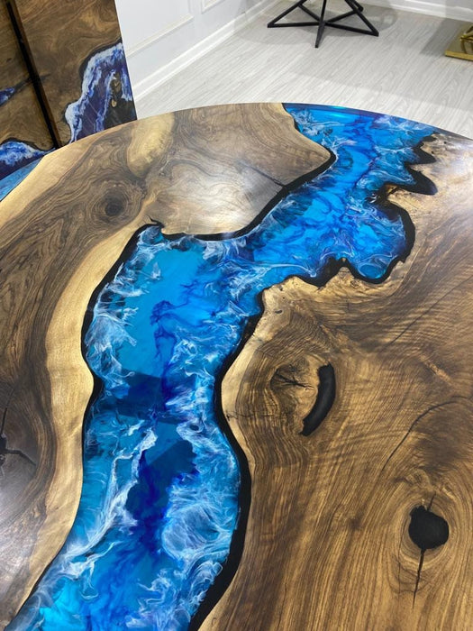 Round Dining Table, Custom 55” Diameter Round Walnut Wood Blue, Turquoise, White Waves Table, Epoxy Dining Table, Custom Order for Adrienne