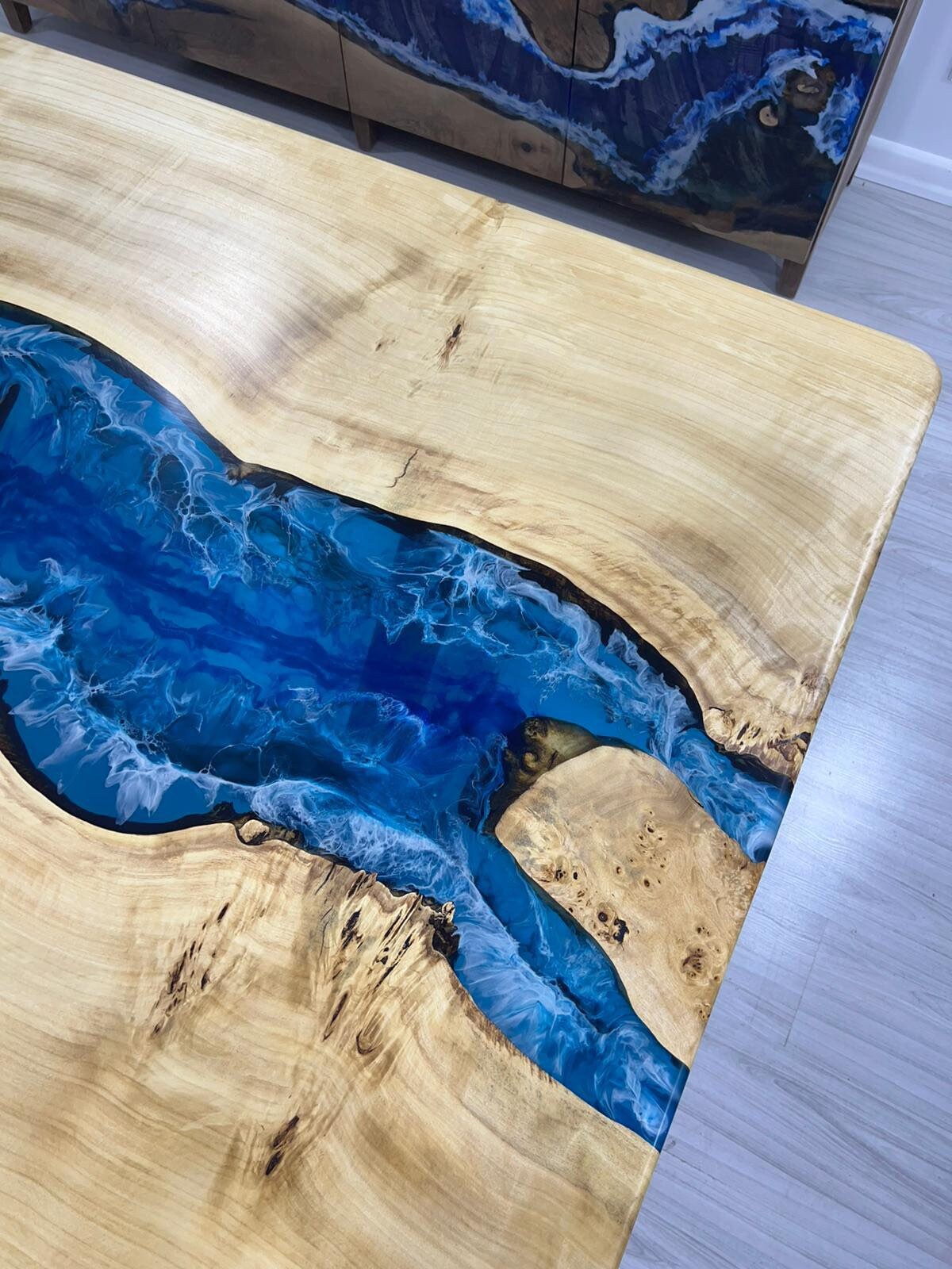 Epoxy Dining Table, Epoxy Table, Ocean Table, Custom 72” x 40” Poplar Ocean Blue, Turquoise White Epoxy River Dining Table, Order for Shane