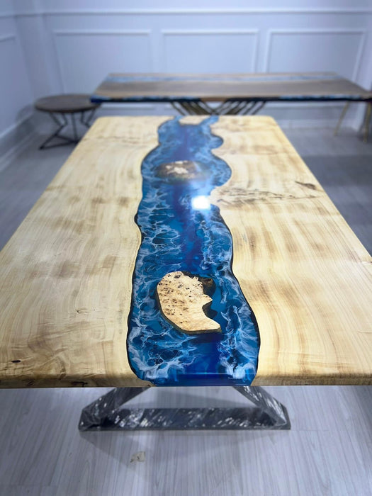 Epoxy Dining Table, Epoxy Table, Ocean Table, Custom 72” x 40” Poplar Ocean Blue, Turquoise White Epoxy River Dining Table, Order for Shane