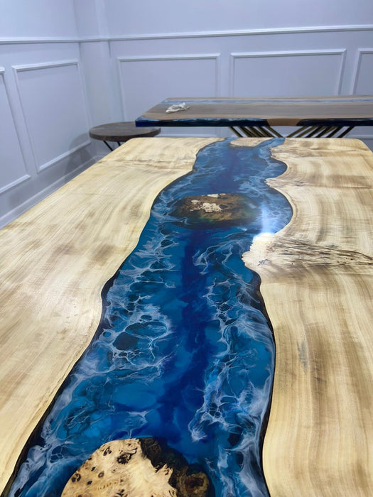 Epoxy Dining Table, Epoxy Table, Ocean Table, Custom 72” x 40” Poplar Ocean Blue, Turquoise White Epoxy River Dining Table, Order for Shane