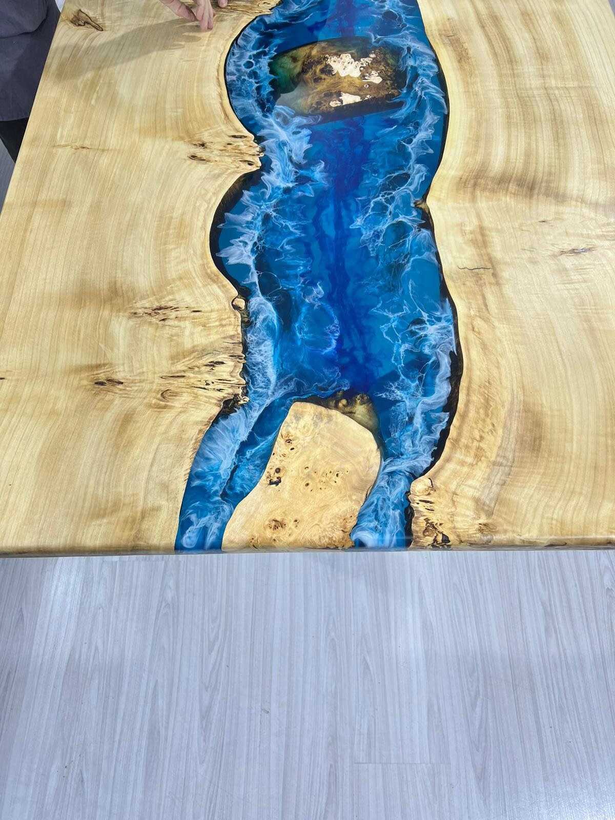 Epoxy Dining Table, Epoxy Table, Ocean Table, Custom 72” x 40” Poplar Ocean Blue, Turquoise White Epoxy River Dining Table, Order for Shane