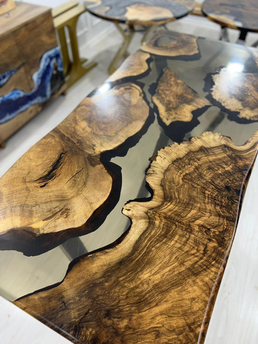 Epoxy Table, Epoxy Dining Table, Walnut Epoxy River Table, Custom 66” x 30” Walnut Smoke Gray Epoxy Table, Custom Order for Lisa