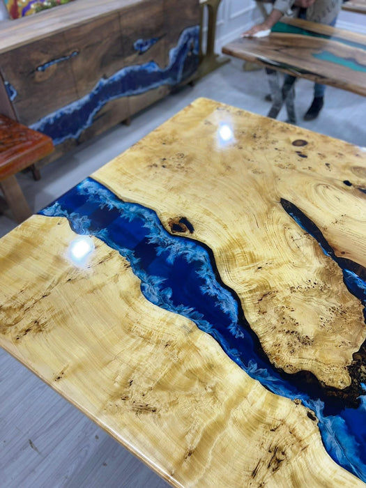 Epoxy Dining Table, Epoxy Resin Table, Custom 60” x 60” Poplar Wood Blue Epoxy Waves Live Edge Table, River Table, Custom Order for Jeremy