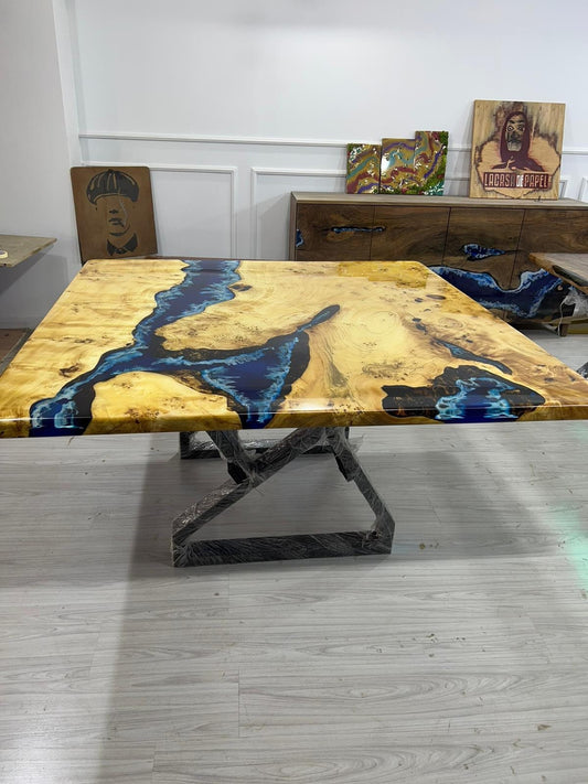 Epoxy Dining Table, Epoxy Resin Table, Custom 60” x 60” Poplar Wood Blue Epoxy Waves Live Edge Table, River Table, Custom Order for Jeremy