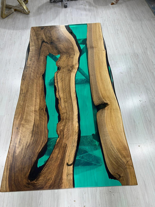 Live Edge Table, Custom 70” x 34” Walnut Translucent Transparent Turquoise Epoxy Table, Epoxy River Dining Table, Custom  Order for Kelley