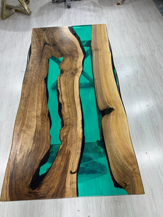 Live Edge Table, Custom 70” x 34” Walnut Translucent Transparent Turquoise Epoxy Table, Epoxy River Dining Table, Custom  Order for Kelley