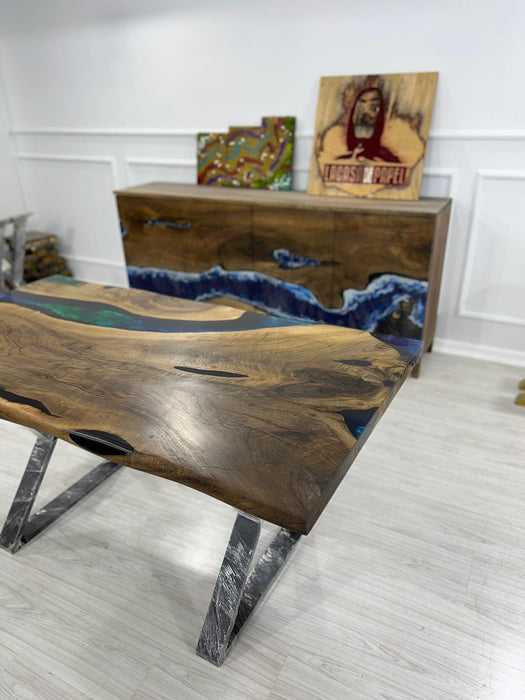 Handmade Epoxy Table, Epoxy Dining Table, Epoxy Resin Table, Custom 60” x 32” Walnut Blue, Turquoise, Green Epoxy Dining Table, for Saisha