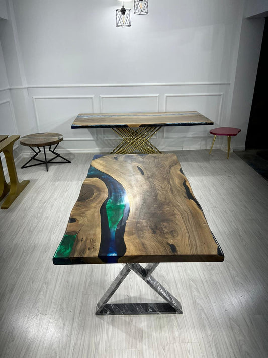 Handmade Epoxy Table, Epoxy Dining Table, Epoxy Resin Table, Custom 60” x 32” Walnut Blue, Turquoise, Green Epoxy Dining Table, for Saisha