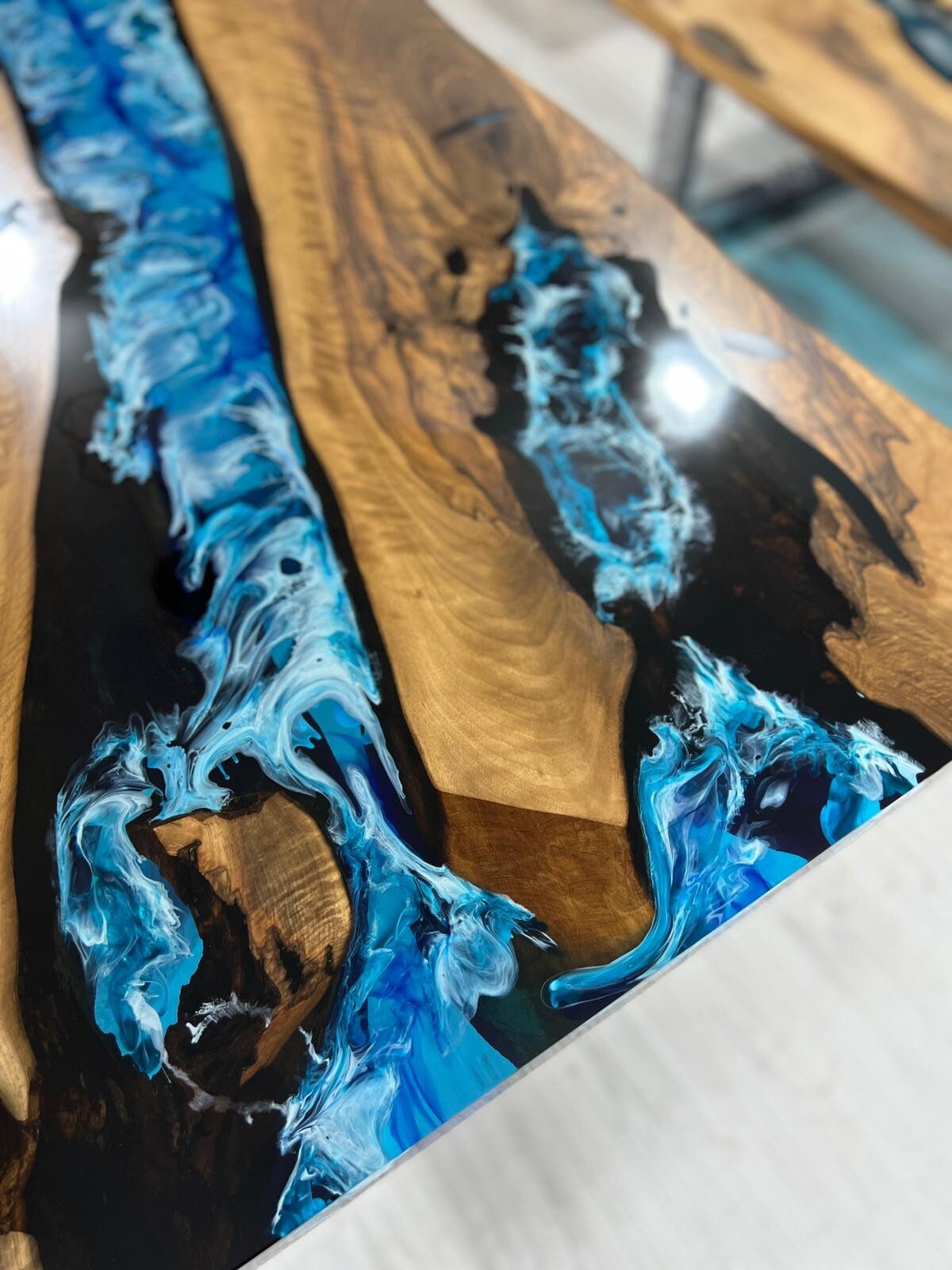 Handmade Epoxy Table, Live Edge Table, Custom 84” x 38” Walnut Dark Blue, Turquoise and White Swirls Ocean Epoxy Dining Table Order for Angy