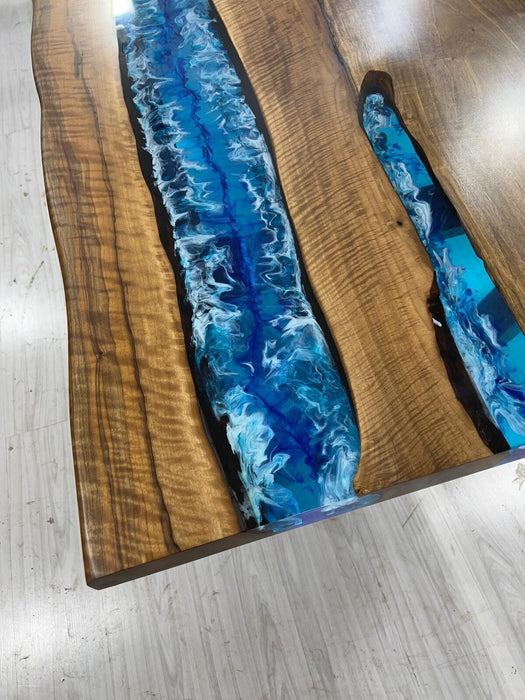 Handmade Epoxy Table, Live Edge Table, Custom 84” x 38” Walnut Dark Blue, Turquoise and White Swirls Ocean Epoxy Dining Table Order for Angy