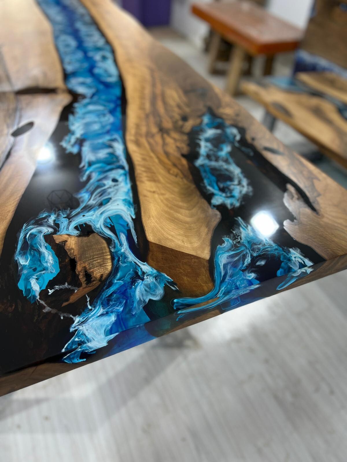 Handmade Epoxy Table, Live Edge Table, Custom 84” x 38” Walnut Dark Blue, Turquoise and White Swirls Ocean Epoxy Dining Table Order for Angy