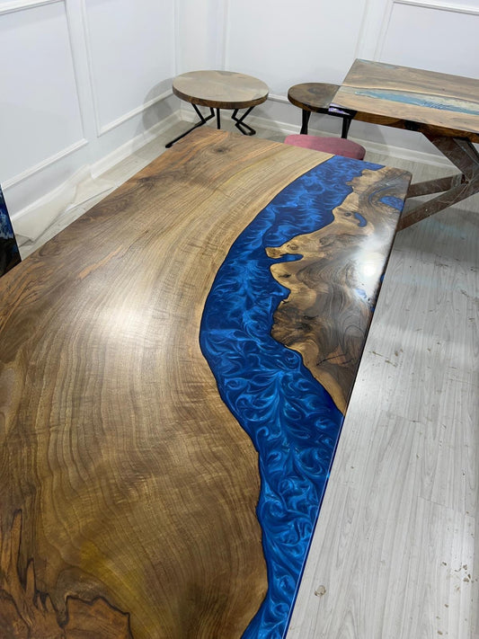 Epoxy Dining Table, Custom 84” x 36” Walnut Deep Blue and Turquoise Table, Live Edge Modern Design Table, Custom Order for Laura