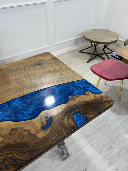 Epoxy Dining Table, Custom 84” x 36” Walnut Deep Blue and Turquoise Table, Live Edge Modern Design Table, Custom Order for Laura