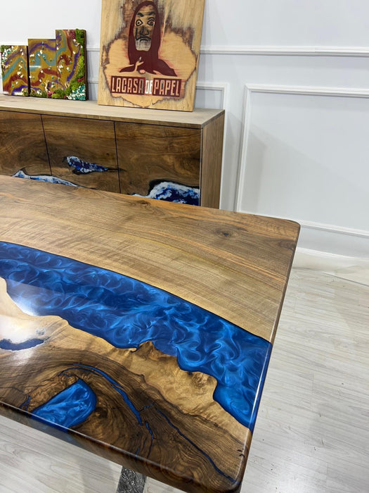 Epoxy Dining Table, Custom 84” x 36” Walnut Deep Blue and Turquoise Table, Live Edge Modern Design Table, Custom Order for Laura