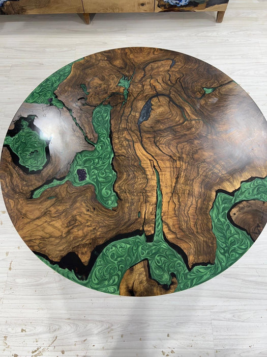 READY TO SHIP Epoxy Table, Emerald Green Epoxy Dining Table, Walnut Epoxy River Table, Custom 42” Round Walnut Epoxy Amethys Stone Table