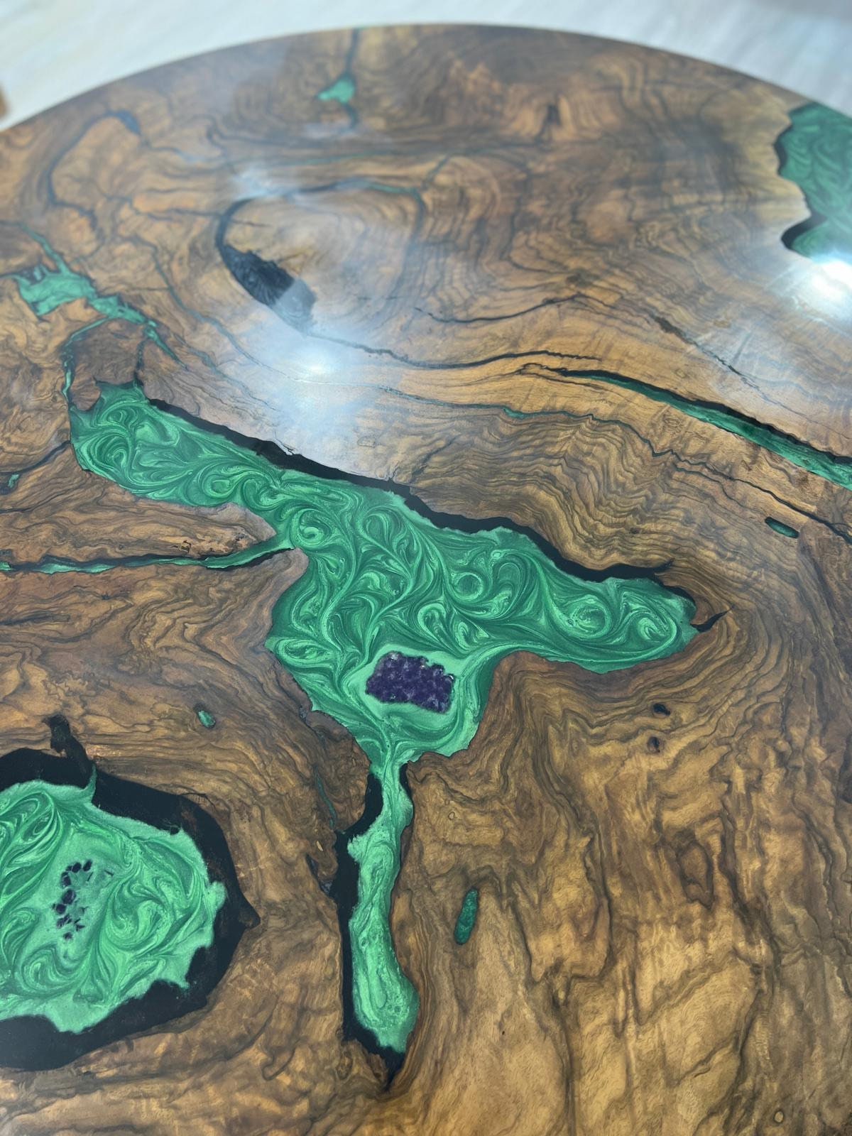 READY TO SHIP Epoxy Table, Emerald Green Epoxy Dining Table, Walnut Epoxy River Table, Custom 42” Round Walnut Epoxy Amethys Stone Table