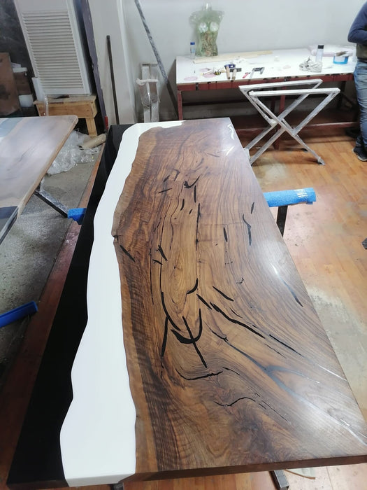 READY TO SHIP Walnut Dining Table, Custom 96"x 36" Walnut Black and White Epoxy Table, Epoxy Resin Table, Epoxy Barn Door