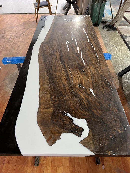 READY TO SHIP Walnut Dining Table, Custom 96"x 36" Walnut Black and White Epoxy Table, Epoxy Resin Table, Epoxy Barn Door