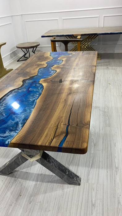 Epoxy Dining Table, Epoxy Table, Ocean Table, Custom 84” x 40” Walnut Ocean Blue, Turquoise White Epoxy River Table, Order for Srividya