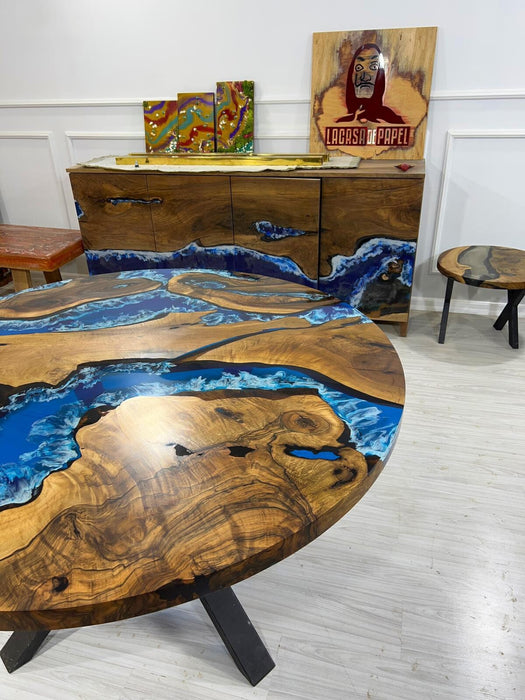 Round Dining Table, Custom 54” Diameter Round Walnut Wood Blue Table, Turquoise, White Waves Epoxy Dining Table, Custom Order for Dalaila