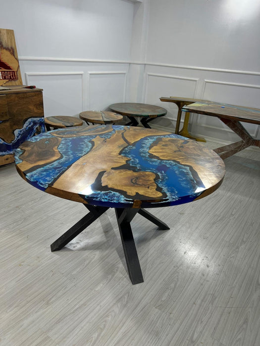 Round Dining Table, Custom 54” Diameter Round Walnut Wood Blue Table, Turquoise, White Waves Epoxy Dining Table, Custom Order for Dalaila