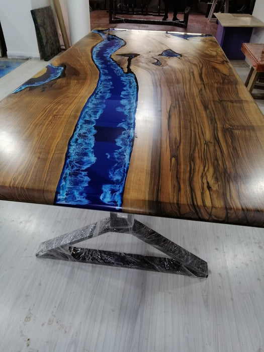 Live Edge Table, Epoxy Dining Table, Epoxy Resin Table, Custom 96” x 45” Walnut Deep Blue and Turquoise, White Epoxy Table for James R