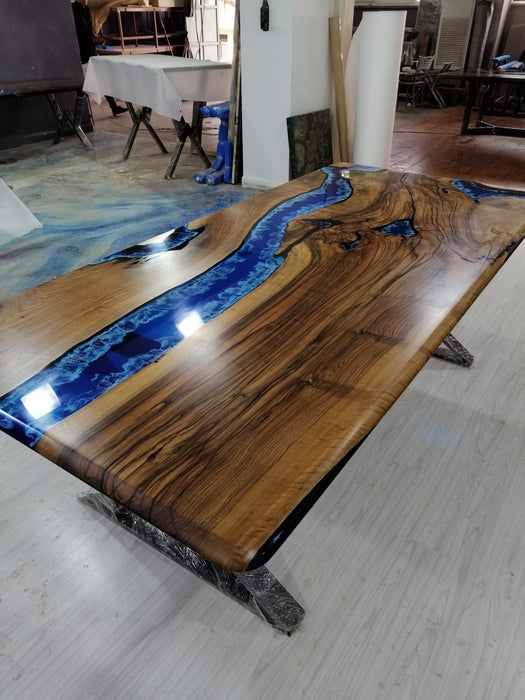 Live Edge Table, Epoxy Dining Table, Epoxy Resin Table, Custom 96” x 45” Walnut Deep Blue and Turquoise, White Epoxy Table for James R