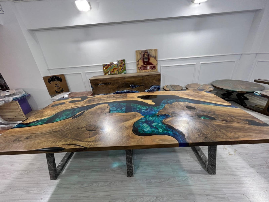 Walnut Dining Table, Custom 115” x 52” Walnut Translucent Green Table, Epoxy River Dining Table, Live Edge Table, Custom Order for Lisa M