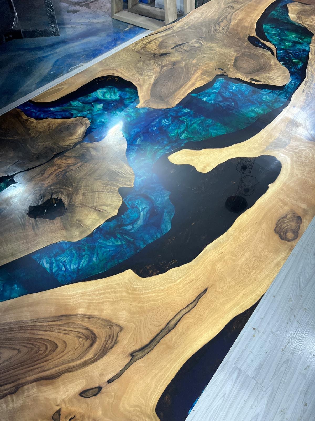 Walnut Dining Table, Custom 115” x 52” Walnut Translucent Green Table, Epoxy River Dining Table, Live Edge Table, Custom Order for Lisa M