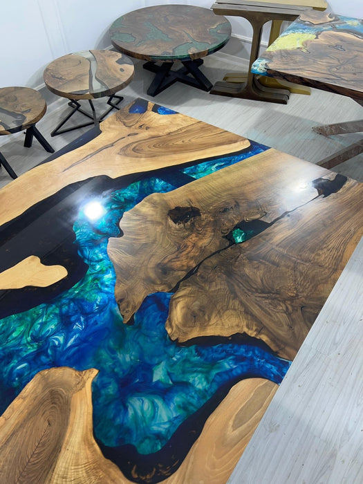 Walnut Dining Table, Custom 115” x 52” Walnut Translucent Green Table, Epoxy River Dining Table, Live Edge Table, Custom Order for Lisa M