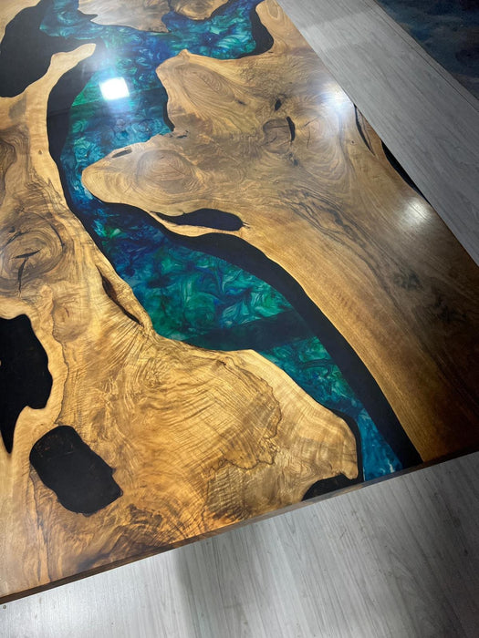 Walnut Dining Table, Custom 115” x 52” Walnut Translucent Green Table, Epoxy River Dining Table, Live Edge Table, Custom Order for Lisa M