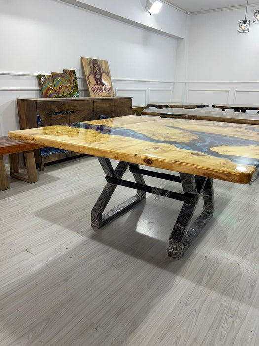 Epoxy Dining Table, Epoxy Resin Table, Custom 60” x 60” Poplar Wood Blue Epoxy Waves Live Edge Table, River Table, Custom Order for Jeremy
