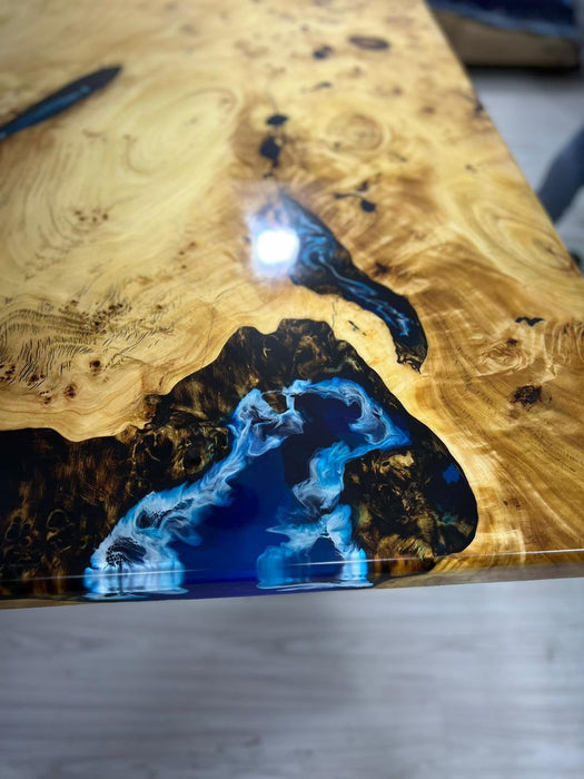 Epoxy Dining Table, Epoxy Resin Table, Custom 60” x 60” Poplar Wood Blue Epoxy Waves Live Edge Table, River Table, Custom Order for Jeremy