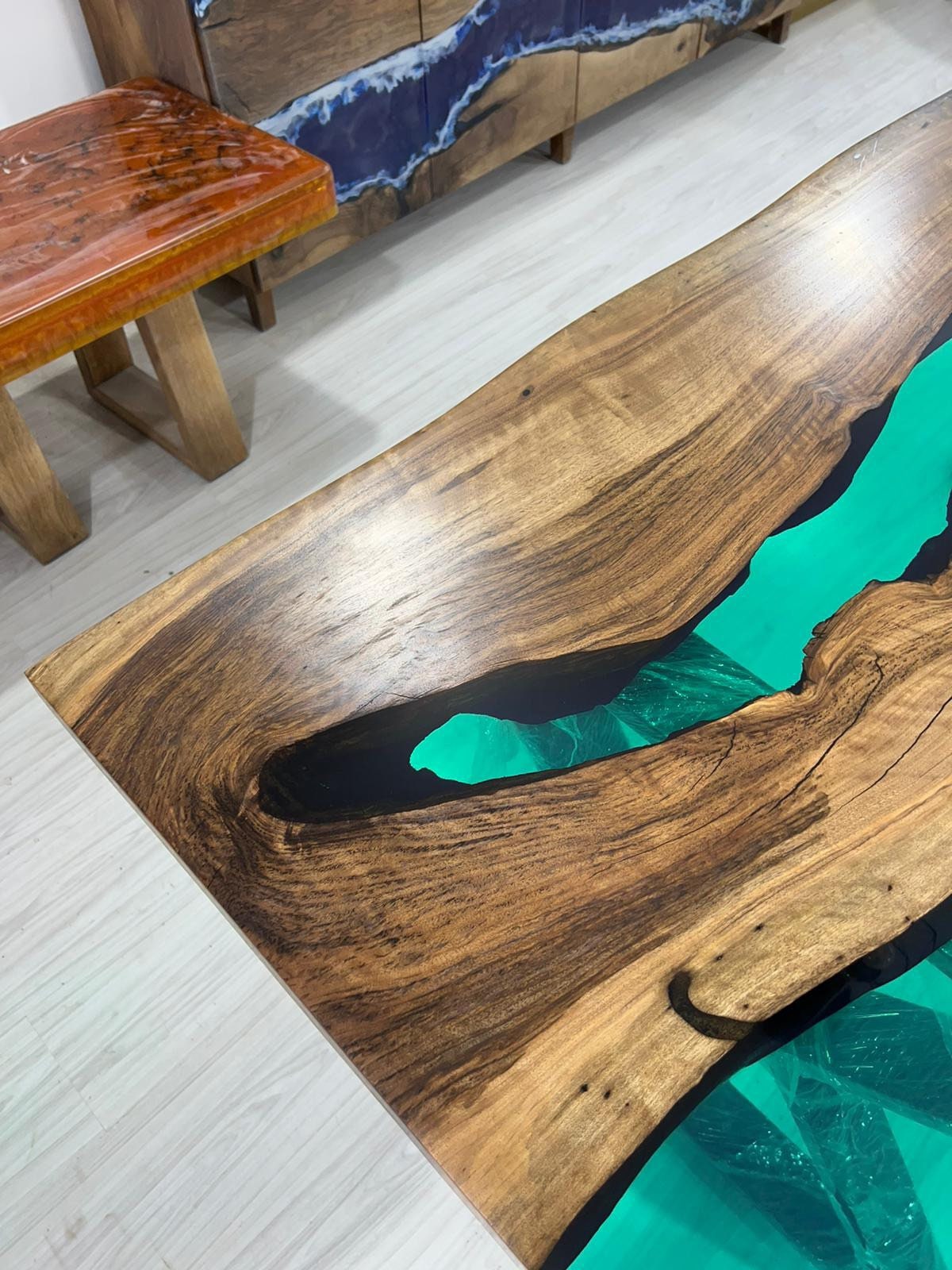 Live Edge Table, Custom 70” x 34” Walnut Translucent Transparent Turquoise Epoxy Table, Epoxy River Dining Table, Custom  Order for Kelley