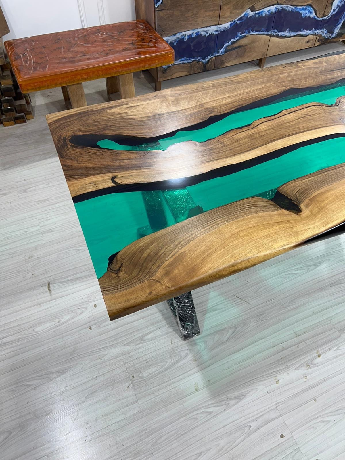 Live Edge Table, Custom 70” x 34” Walnut Translucent Transparent Turquoise Epoxy Table, Epoxy River Dining Table, Custom  Order for Kelley