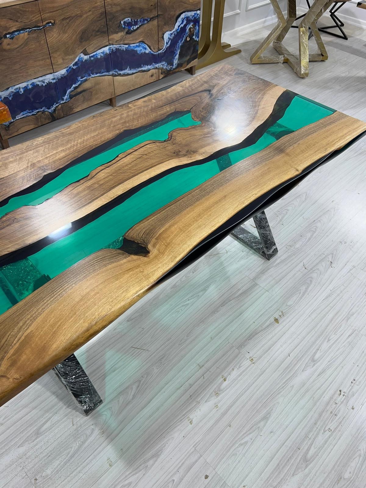 Live Edge Table, Custom 70” x 34” Walnut Translucent Transparent Turquoise Epoxy Table, Epoxy River Dining Table, Custom  Order for Kelley