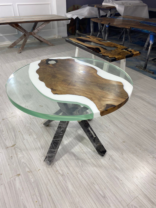 Round Dining Table, Custom 42” Diameter Round Table, Walnut Wood White and Clear Epoxy Resin Table, Order Name for Melanie