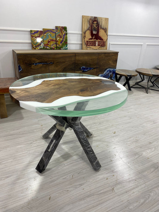 Round Dining Table, Custom 42” Diameter Round Table, Walnut Wood White and Clear Epoxy Resin Table, Order Name Logo for Melanie