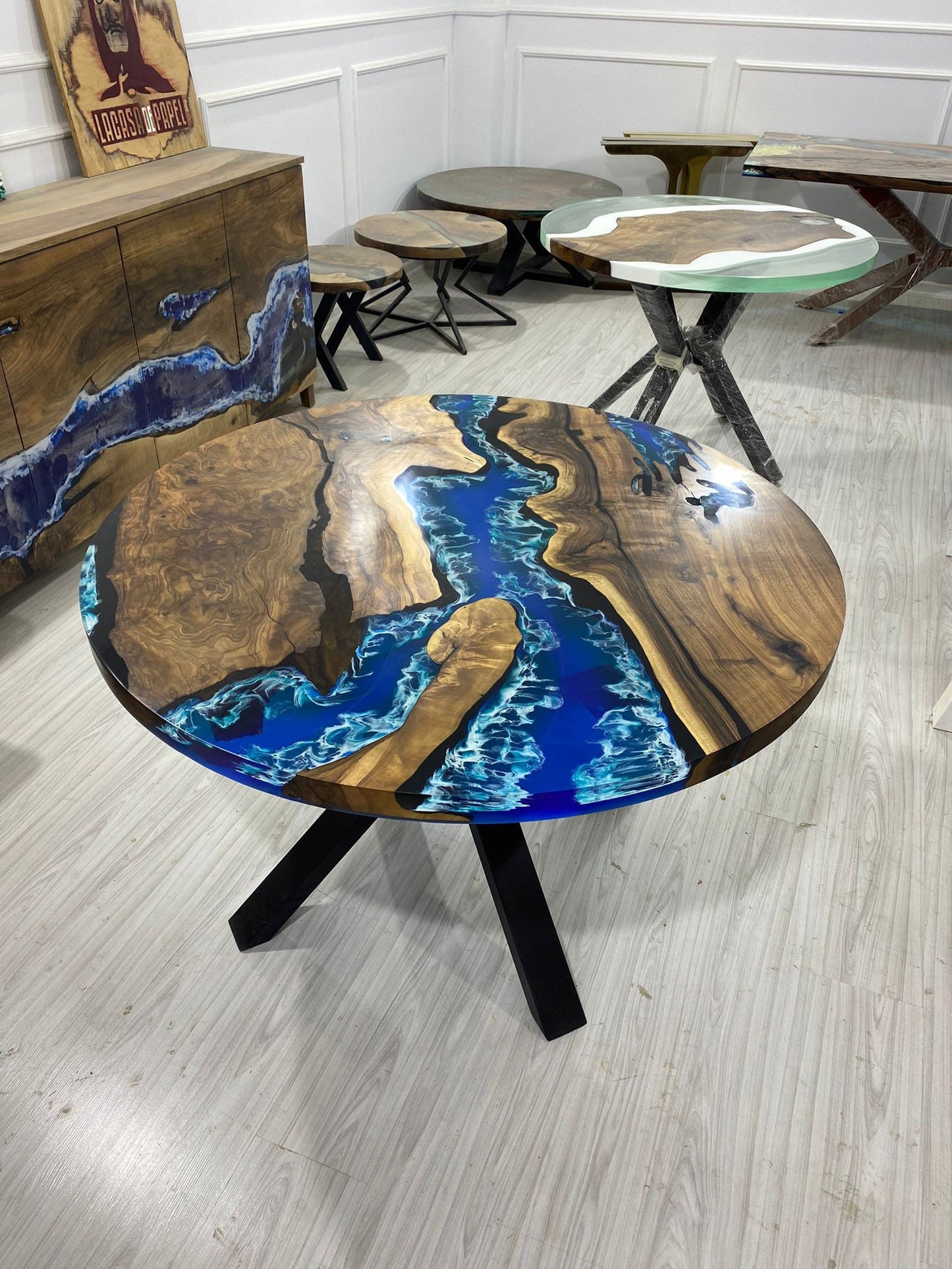 Round Dining Table, Custom 45” Diameter Round Walnut Wood Blue Table, Turquoise, White Waves Epoxy Dining Table, Custom Order for Edward