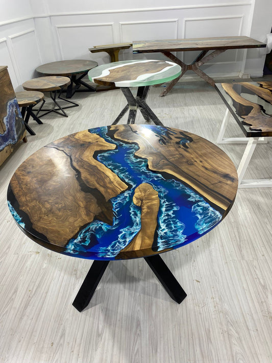 Round Dining Table, Custom 45” Diameter Round Walnut Wood Blue Table, Turquoise, White Waves Epoxy Dining Table, Custom Order for Edward