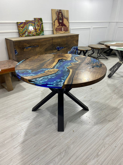 Round Dining Table, Custom 45” Diameter Round Walnut Wood Blue Table, Turquoise, White Waves Epoxy Dining Table, Custom Order for Edward