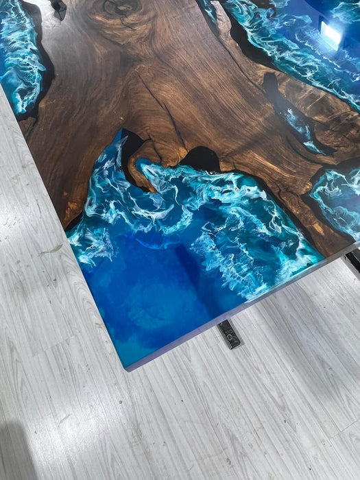 Walnut Dining Table, Live Edge Table, Custom 115” x 50” Walnut Ocean Blue, Turquoise White Waves Epoxy, River Dining Table Order for Kishan2