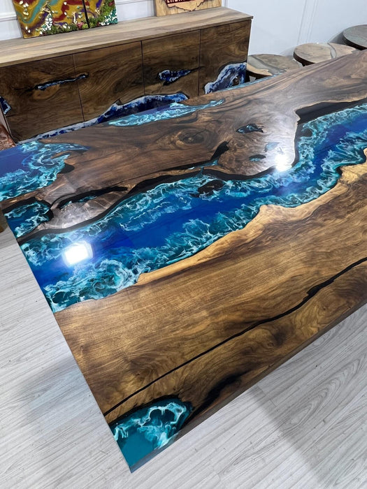 Walnut Dining Table, Live Edge Table, Custom 115” x 50” Walnut Ocean Blue, Turquoise White Waves Epoxy, River Dining Table Order for Kishan2