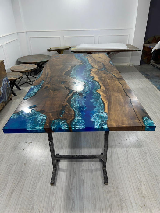 Walnut Dining Table, Live Edge Table, Custom 115” x 50” Walnut Ocean Blue, Turquoise White Waves Epoxy, River Dining Table Order for Kishan3