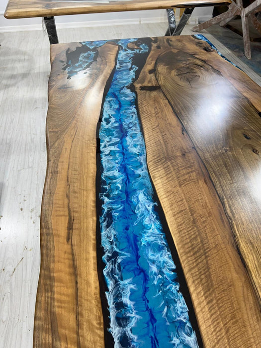 Handmade Epoxy Table, Live Edge Table, Custom 84” x 38” Walnut Dark Blue, Turquoise and White Swirls Ocean Epoxy Dining Table Order for Angy