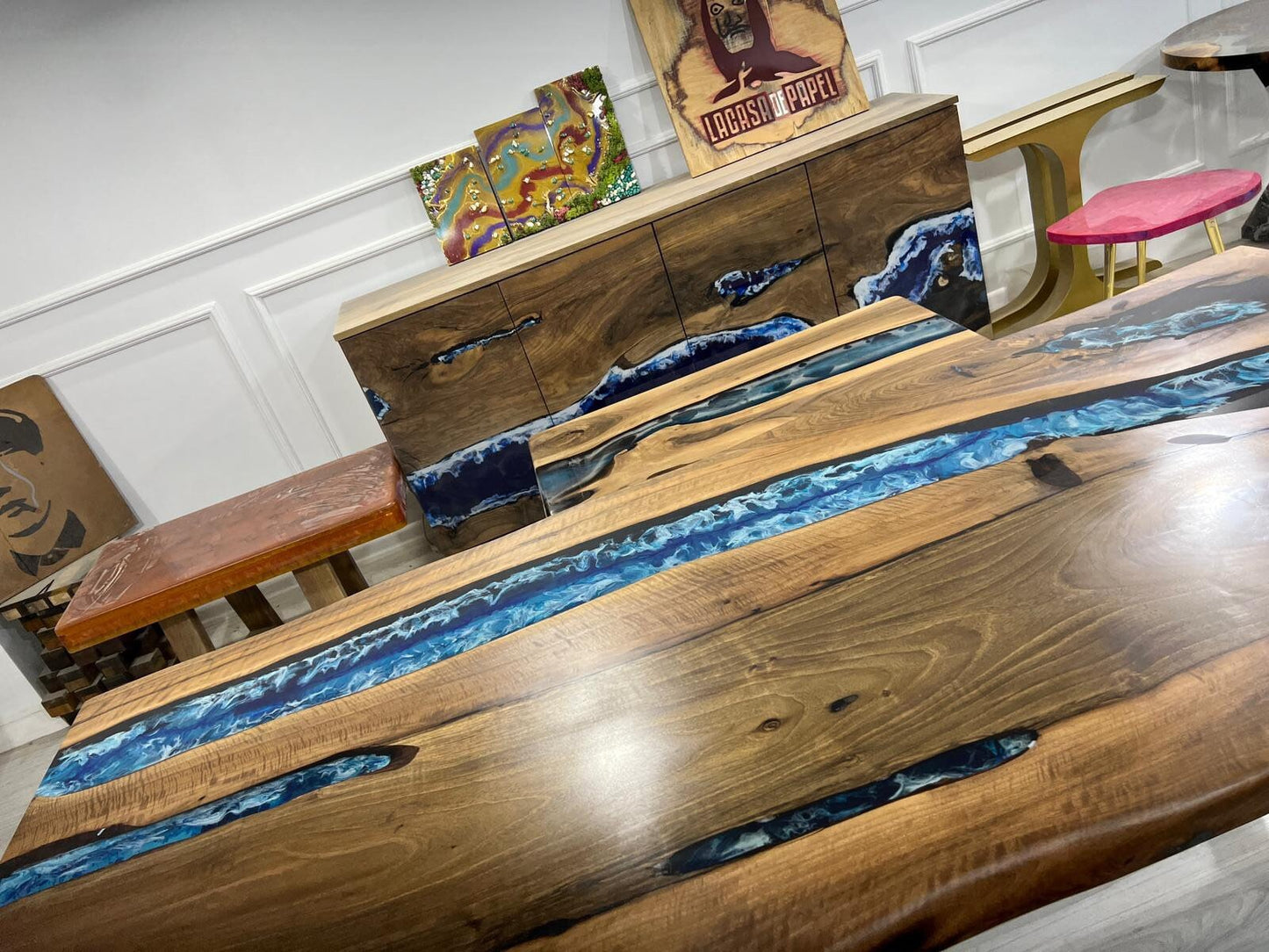 Handmade Epoxy Table, Live Edge Table, Custom 84” x 38” Walnut Dark Blue, Turquoise and White Swirls Ocean Epoxy Dining Table Order for Angy