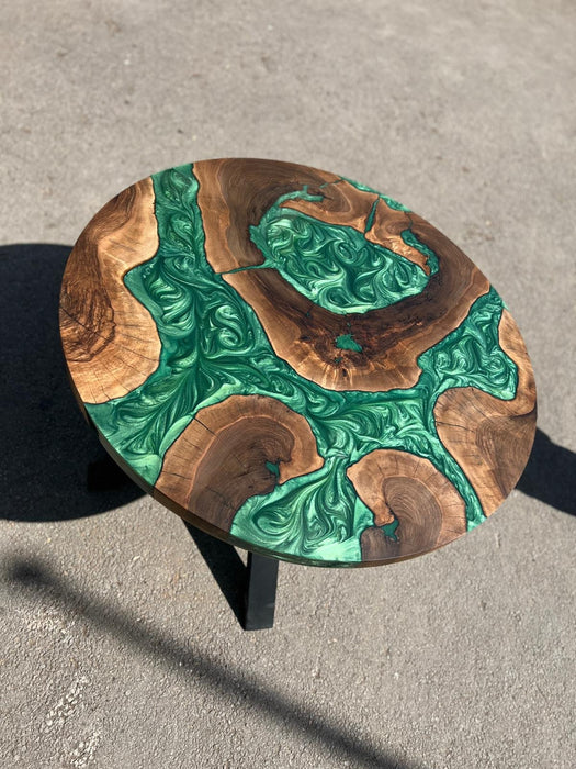 Round Dining Table, Live Edge Table, Custom 40” Diameter Round Walnut Wood Metallic Emerald Green Epoxy Dining Table, Order for Donny