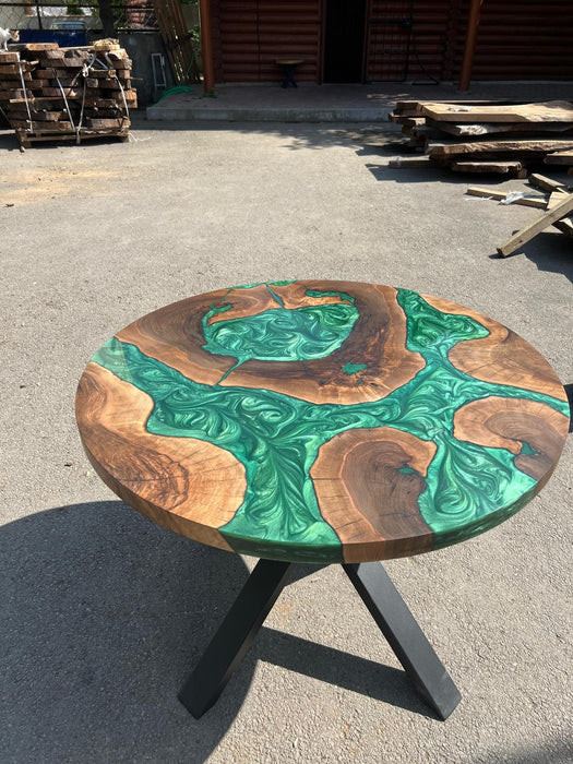 Round Dining Table, Live Edge Table, Custom 40” Diameter Round Walnut Wood Metallic Emerald Green Epoxy Dining Table, Order for Donny