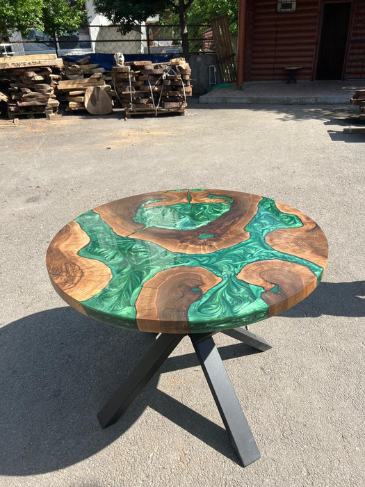 Round Dining Table, Live Edge Table, Custom 40” Diameter Round Walnut Wood Metallic Emerald Green Epoxy Dining Table, Order for Donny